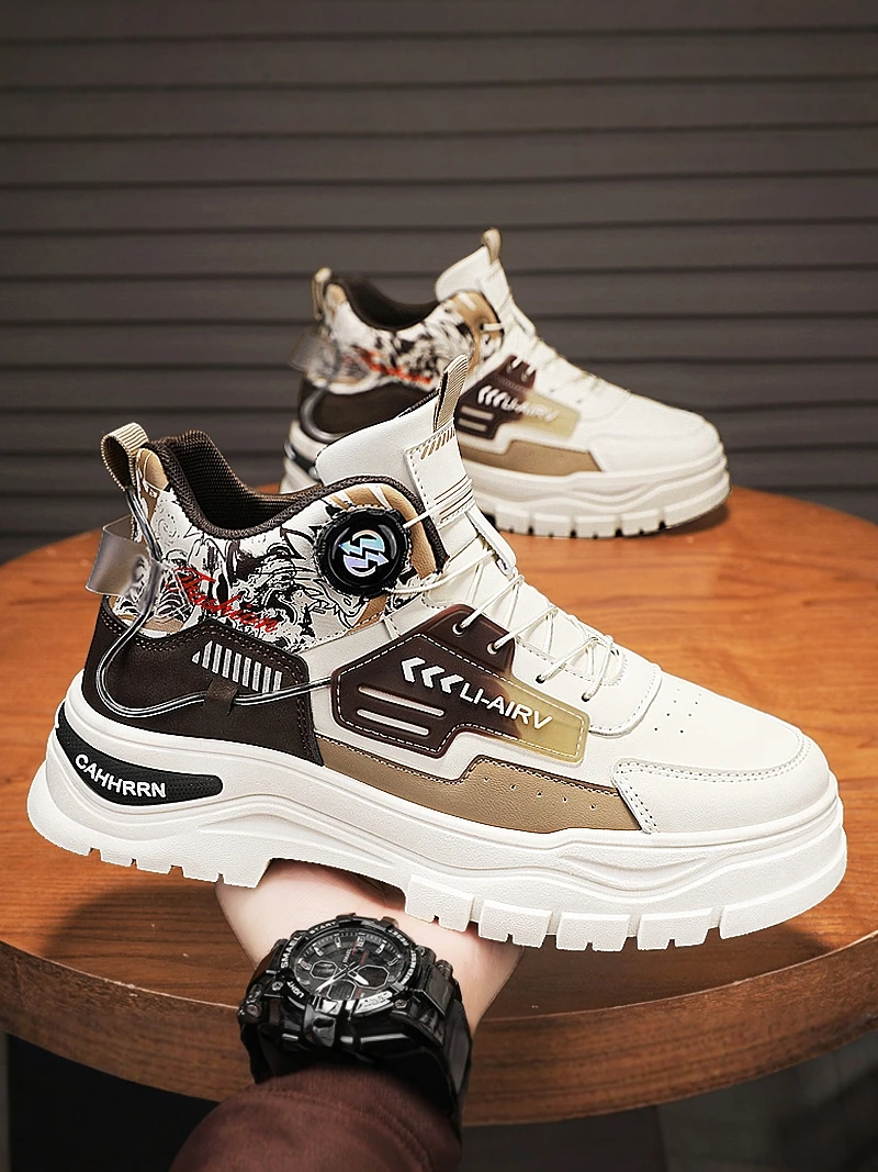 

Men's High-Top Boots Rotation Button Sports Anti-Slip Thick Bottom Casual Workwear Waterproof Leather Leisure Shoes