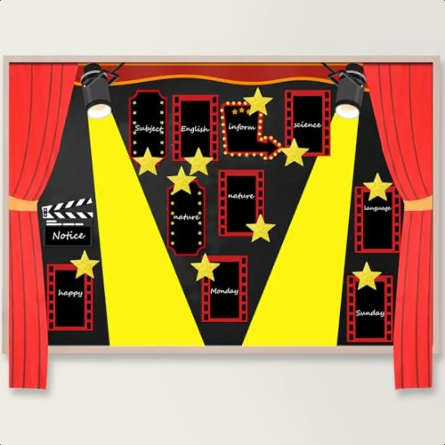 28 Pcs Movie Night Bulletin Board Classroom Decor Backdrop Red Carpet Movie Party Light Camera Action Star Cutout DIY Bulletin