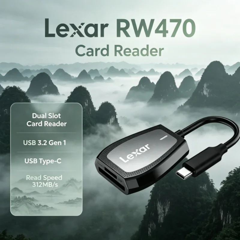 Lexar RW470 Dual Slot 2-in-1 Type-C USB 3.2 Gen1 Card Reader SD microSD UHS-II for Video Transfer
