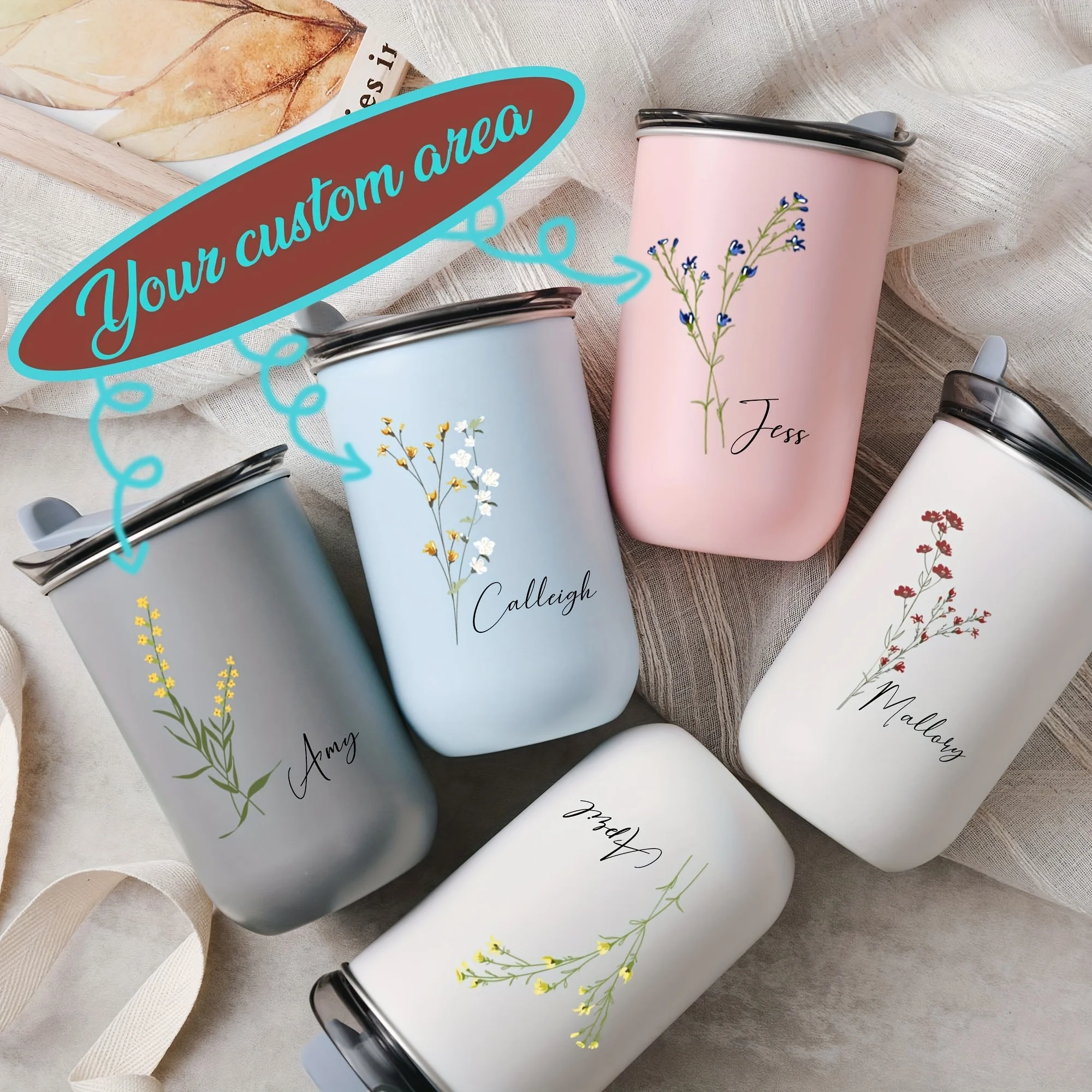 Personalized Name Birth Flower Tumbler Stainless Steel Insulated Travel Mug Custom Gift For Friends Bridesmaid Female