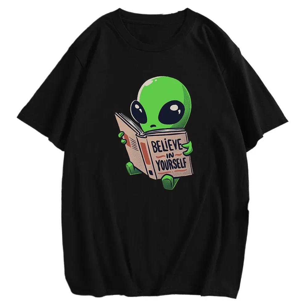 Man Women Soft Casual Tops Unisex Oversized T Shirt Kawaii Clothing Informal Believe In Yourself Alien Is Reading Graphic Tshirt