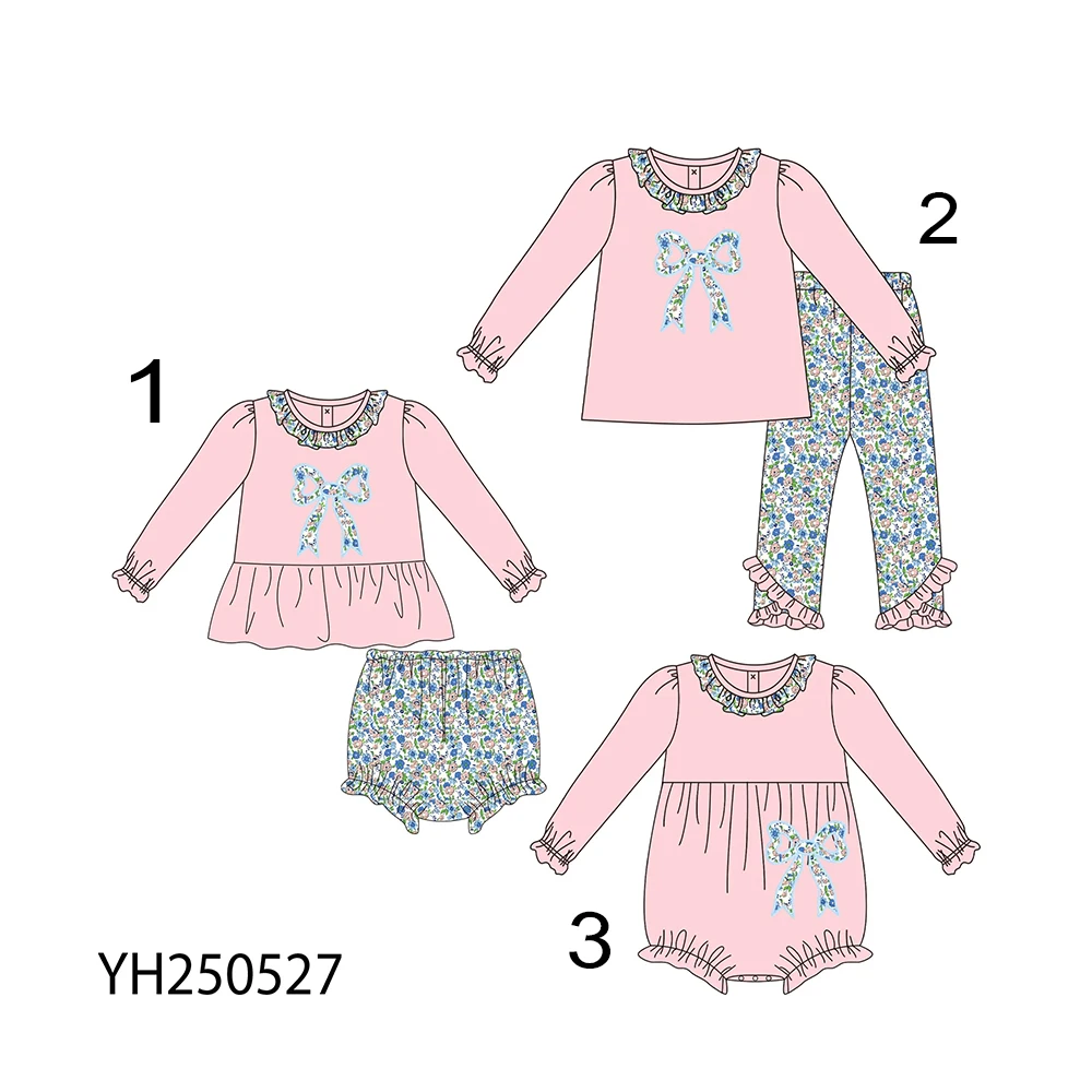 

Children's clothing boutique hot sale baby pink series bow print girl skirt set matching dress jacket wholesale