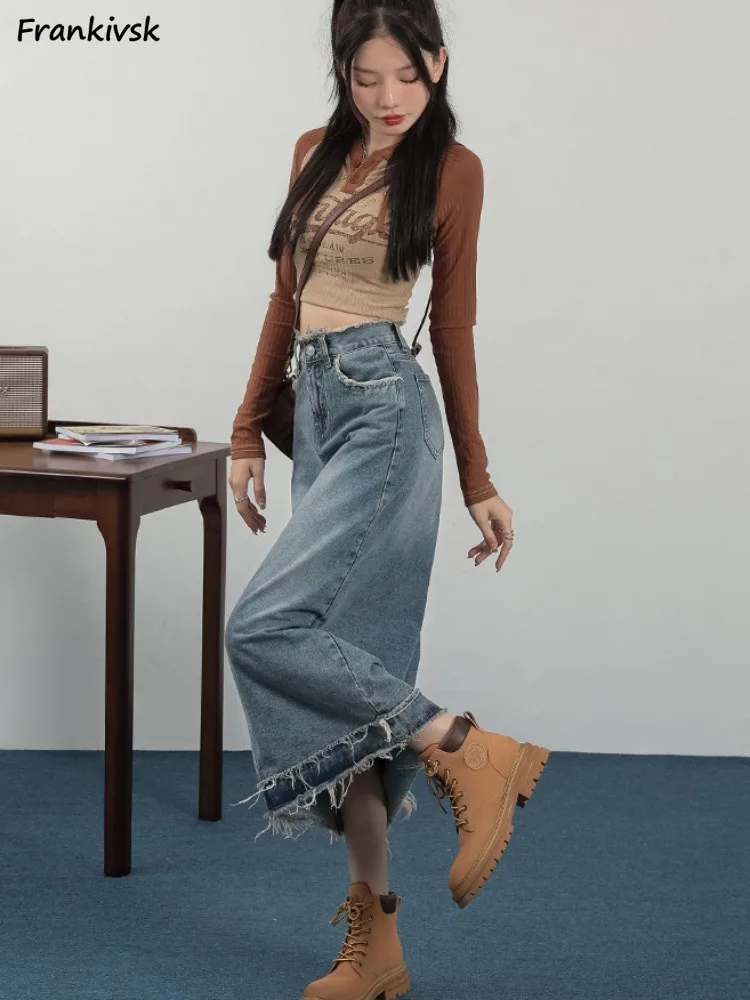 8 サイズミディスカート女性ディストレスデニムヨーロッパベーシックソリッドスリットデザイン秋 Y2k ストリートウェアシックファルダスムジェデイリーニュー