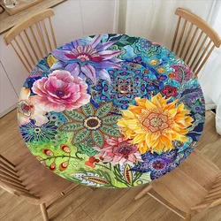 Floral Print Round Tablecloth Fitted Waterproof Wedding Party Table Cover Dinning Kitchen Decorative Camping Picnic Table Cloth