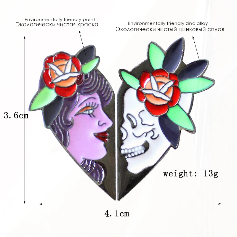 Flower Lady 2 Petals Heart Pin Best Friends Jewelry brosa Broche 2pcs/set Brocken Heart  Pin Enamel Skull Skeleton Rose