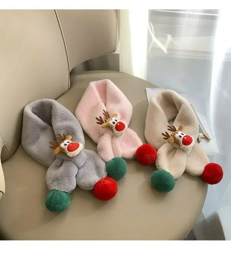 Kids Christmas Deer Scarf Warm Plush Fleece Neck Warmer for Boys Girls Windproof Winter Neck Wrap Cozy Animal Patterned Scarf