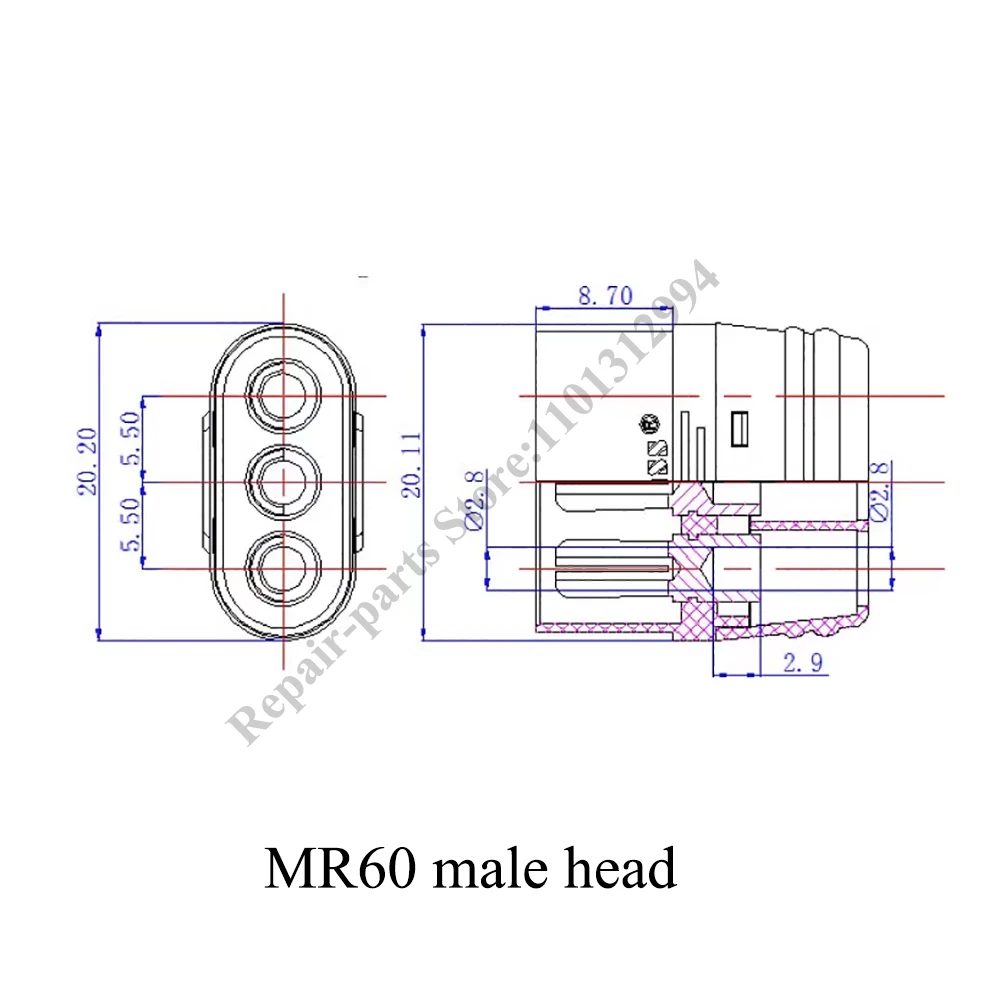 MR60 MR 60 Fireproof Female Male Three-core Connector With Sheath 3.5mm Brass Gold Plated For Lipo ESC RC Model