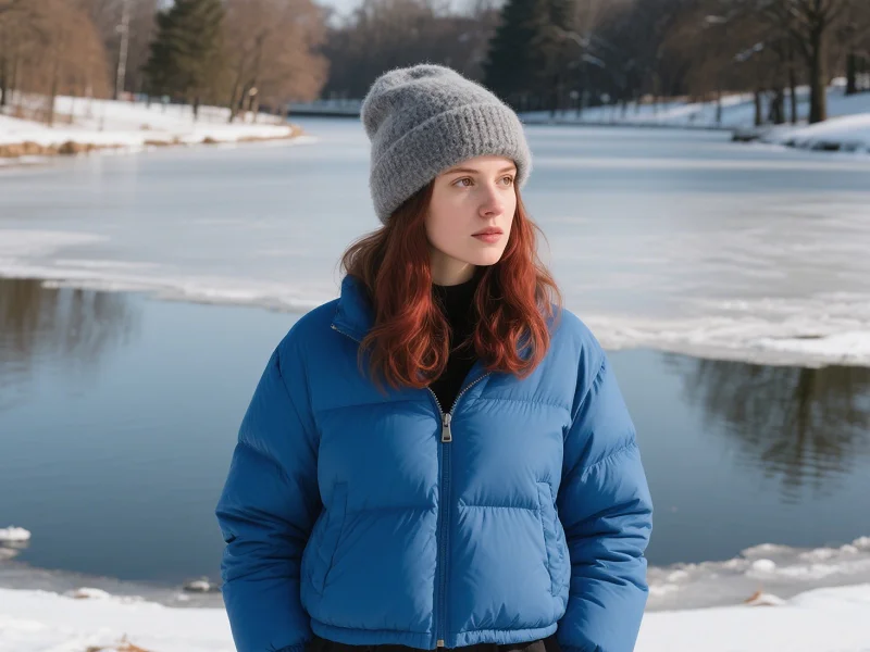 Donna che indossa un cappello di lana e un cappotto corto in inverno