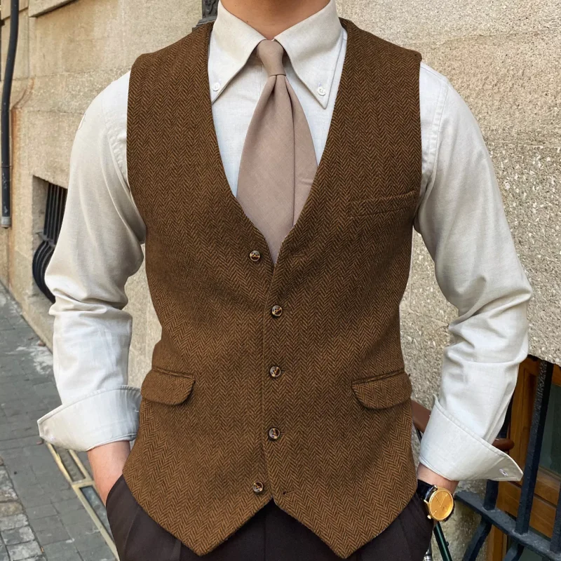 

Men Vest Brown Solid Herringbone Tweed Slim Casual Business Waistcoat Jacket For Wedding Party Banquet Prom Set Men Suit