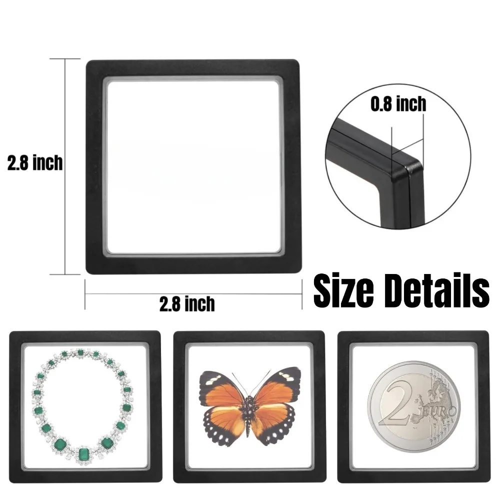 PE Film Display Box 3D Floating Coin Ring Necklace Earring Packaging Box 7x7cm Transparent Visible Jewelry Dustproof Storage Box
