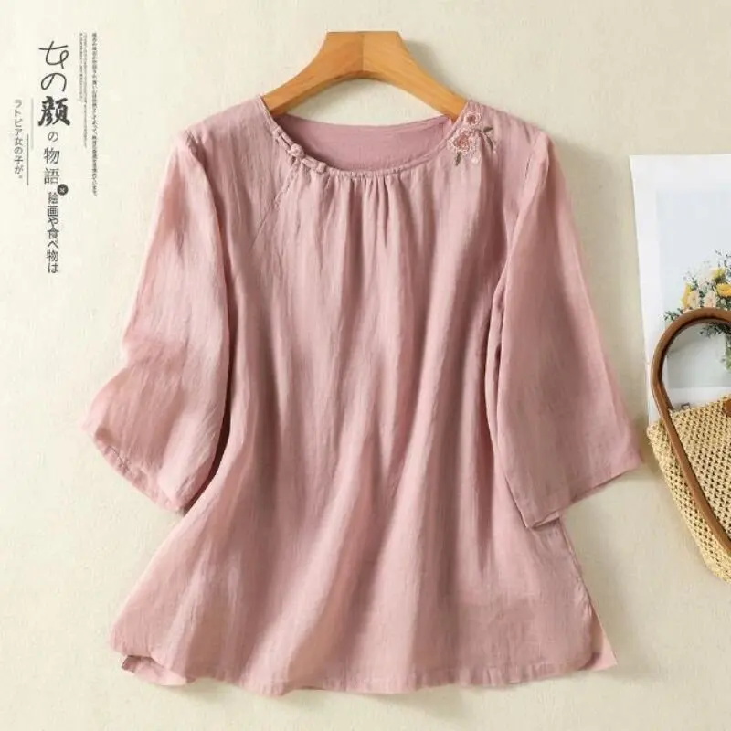 

plus Size Cotton Linen Short Sleeve Shirt Women Summer High End Slimming Belly Covering Thin Linen Top Vintage Loose Fit roun...