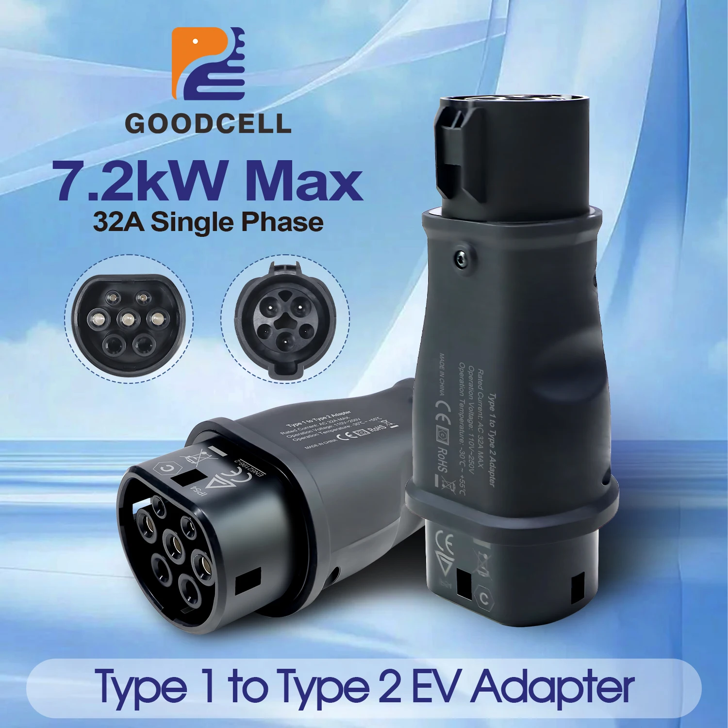 

GOODCELL Type1 to Type2 adapter 32A 1Phase 7.2kW EV Adapter J1772 to IEC62196 EU Car Public Home Charging Converter