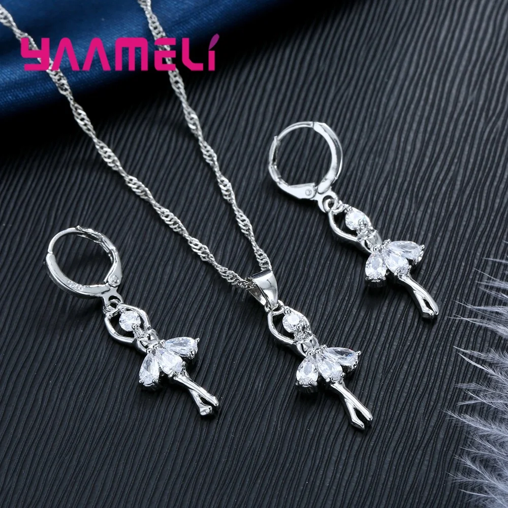 솔리드 SYAAMELI 보석 선물 세트 귀여운 발레 댄서 디자인 목걸이 후프 루프 귀걸이 여성 파티