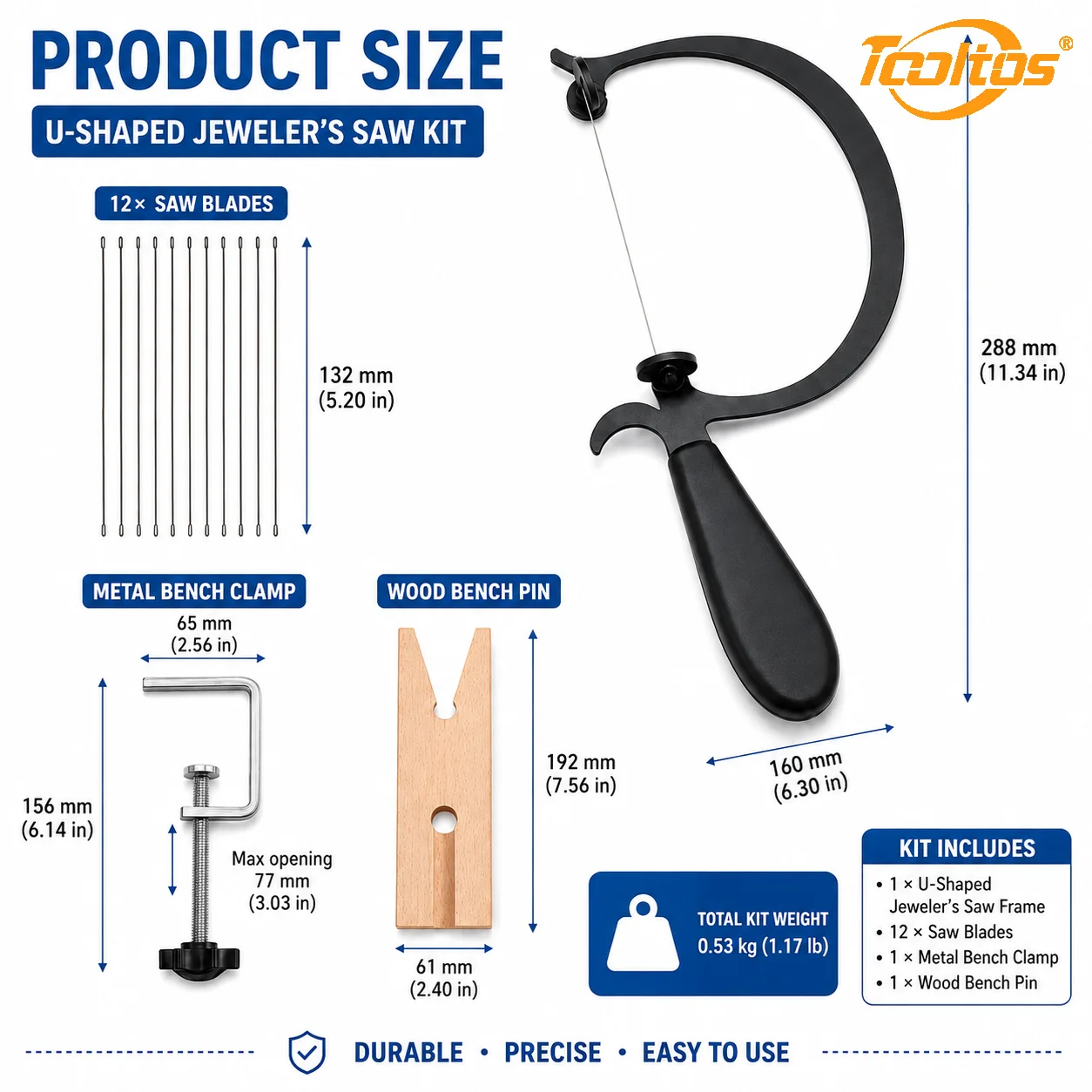 TOOLTOS Jewelry Saw Frame Kit with 12 Blades U Shaped Jeweler's Saw Wooden Bench Pin Clamp for Gold Silver Wax Wood Precision Cutting