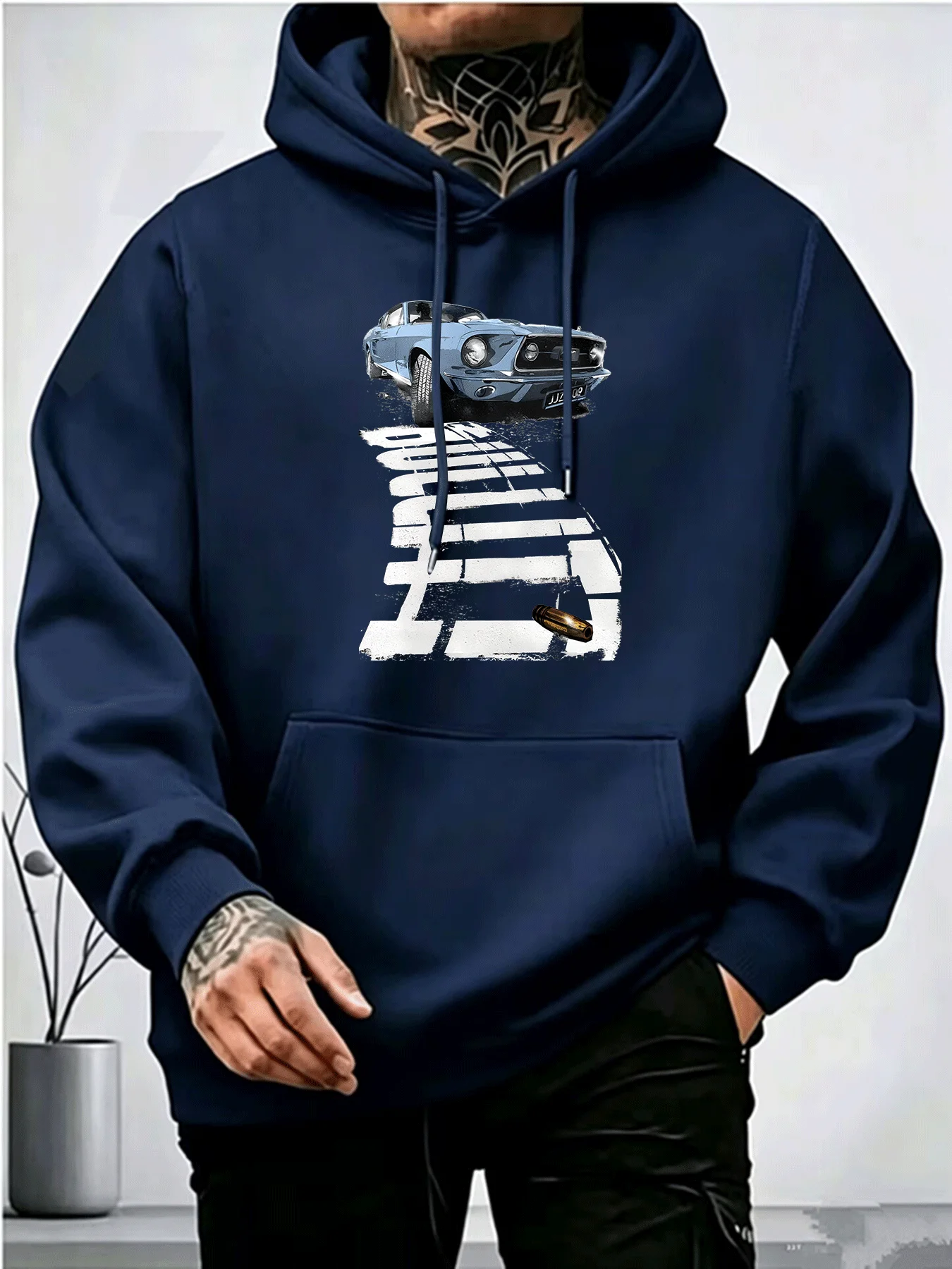 American muscle car print men's hooded sweatshirt, trendy and unique bullet element street style casual top for teenagers.