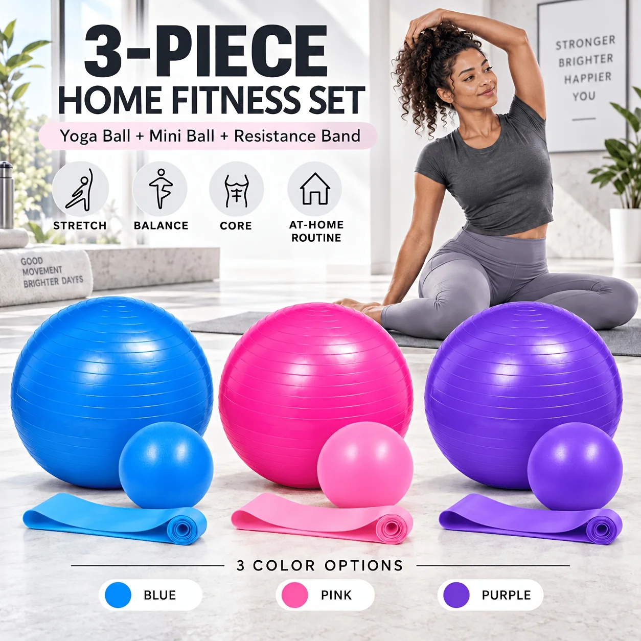 3pcs Pilates Exercise Ball Fitness Set Large Yoga Ball Mini Resistance Bands For Core Balance Stretching Full Body Home Training
