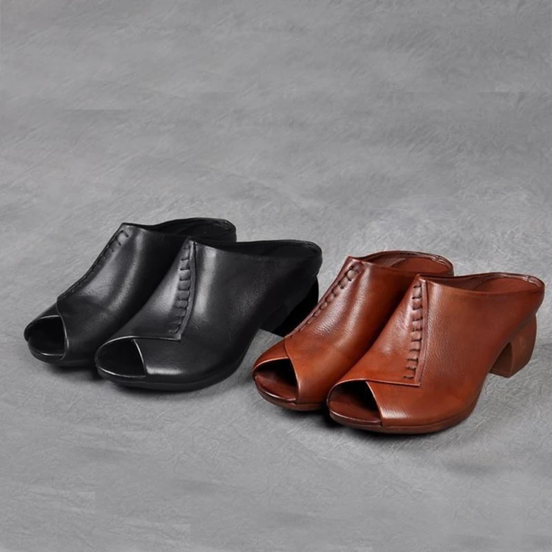 Comemore 2025 Retro Women Slippers Soft Shoes Close Toe High Heels Slides Black Mules Flip Flops for Summer Medium Heel Slides