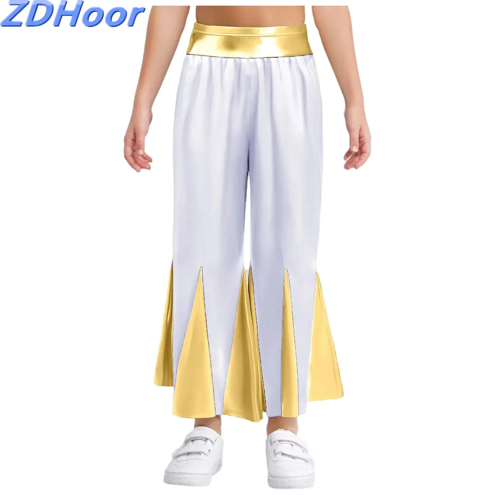 

Kids Girls Color Block Dance Pants Liturgical Worship Dance Pants Choir Performance Costume Metallic Pants