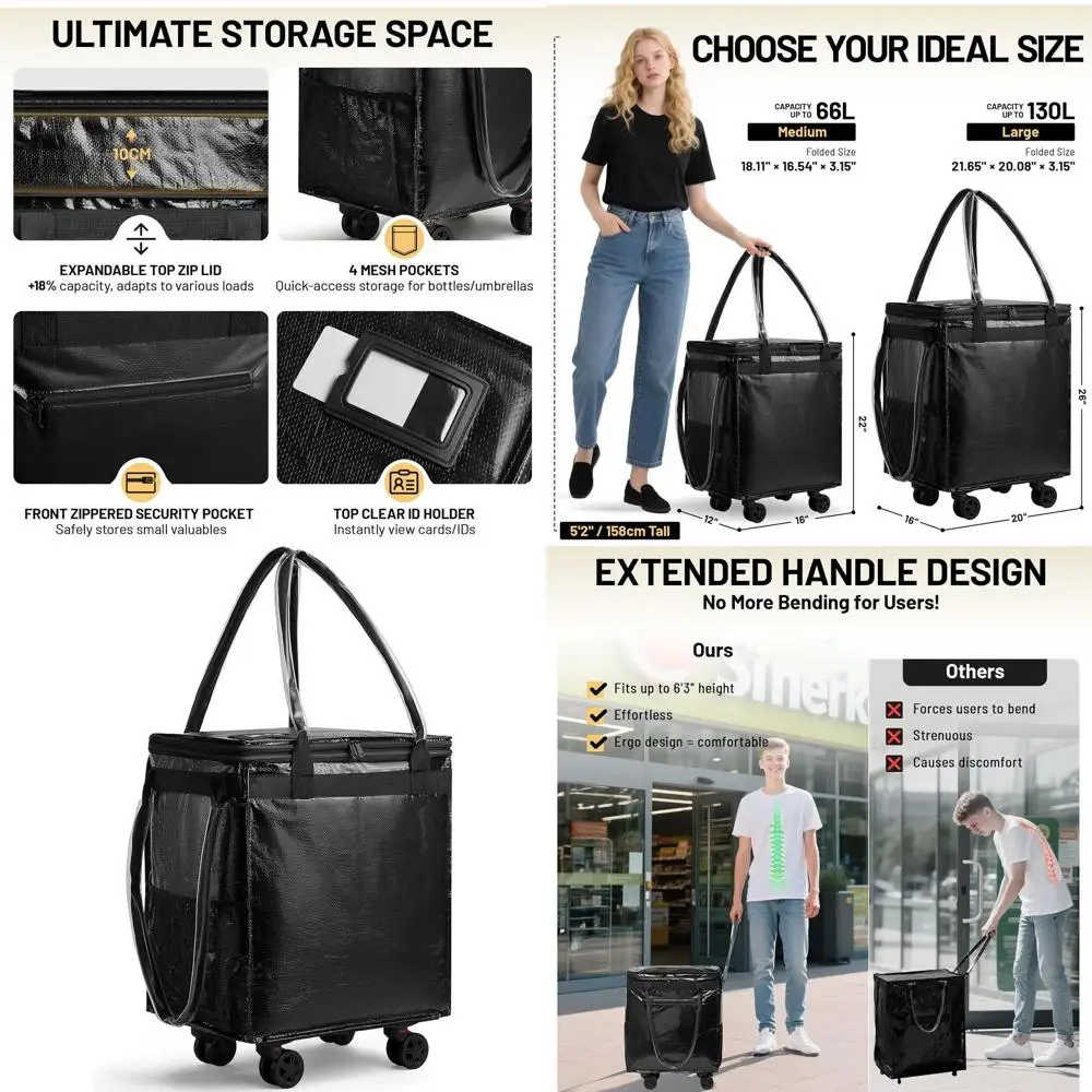 

Rolling Grocery Bag with Anti-Wrinkle Fabric, Stable Wheels, and Extendable Handle - Holds Up to 66 Liters for Shopping or Laund