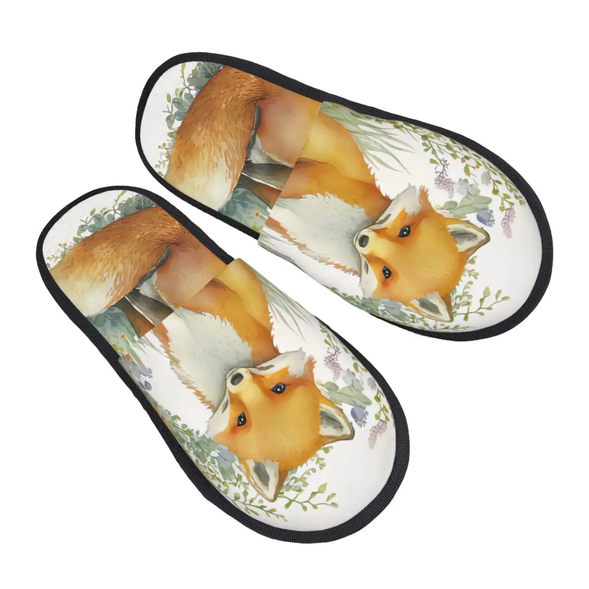 

Plush Indoor Slippers Watercolor Forest Cartoon Fox Animal Illustration Warm Soft Shoes Home Footwear Autumn Winter