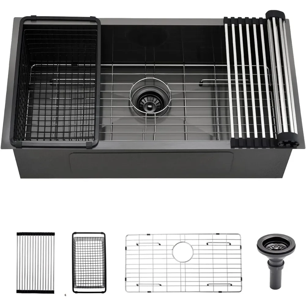 

32” X 17” X 9” Kitchen Sink, 18 Gauge Undermount Nano Black Stainless Steel Kitchen Sink