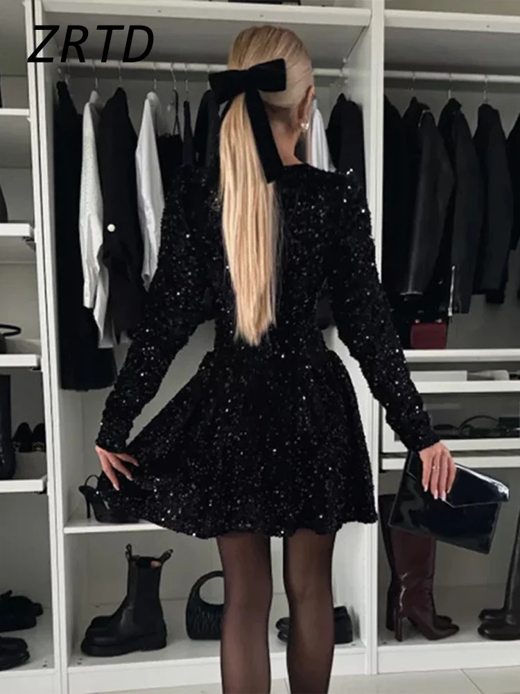 Sequined Velvet  A-line Short Party Dress Women Sexy Square Collar Long Sleeve Pleated Dresses 2025 Lady Glitter Solid Ball Gown