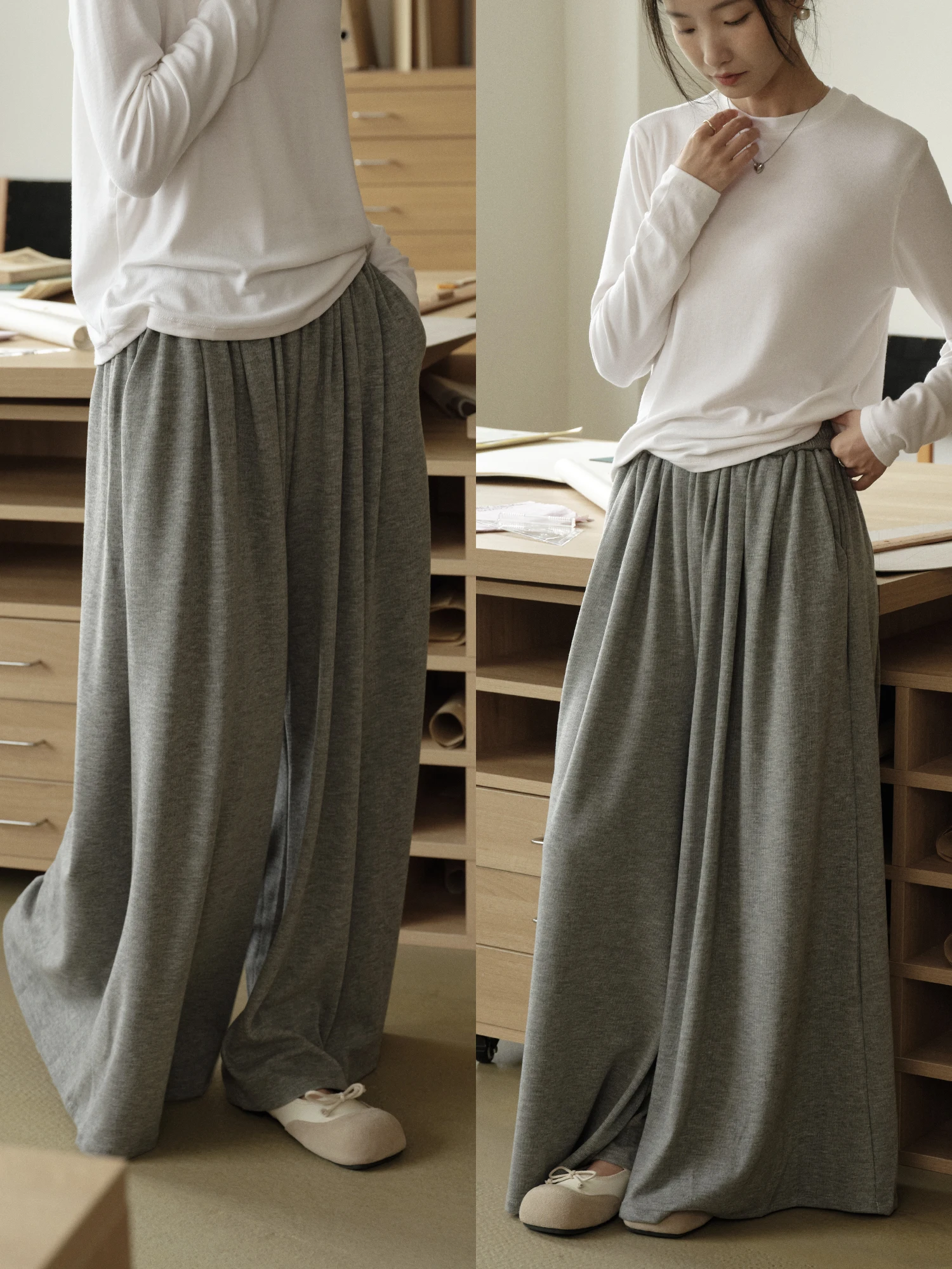 Pantalones casuales de pierna ancha de cintura alta para mujer otoño versátil adelgazante longitud larga TIONGTIONG Retro drapeado cómodo arroz Noodl...