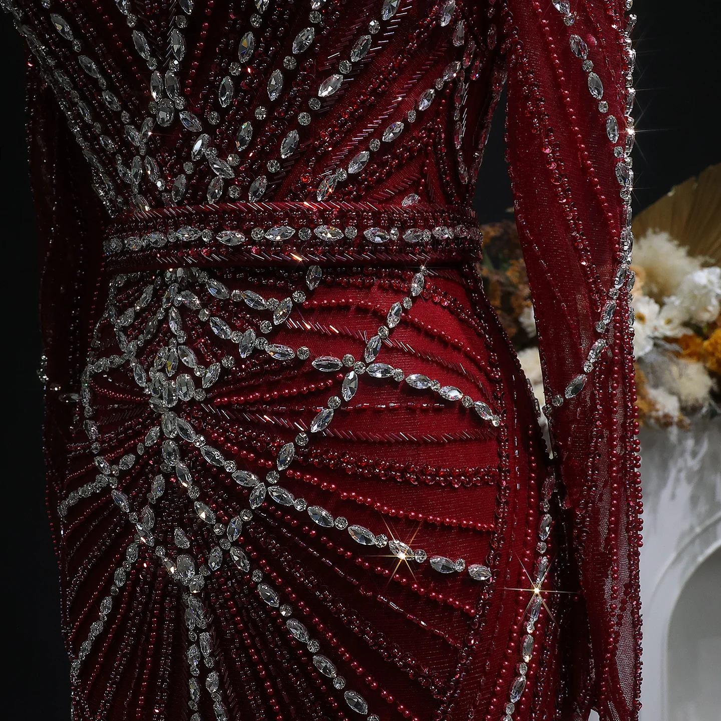 Sharon Said Luxuriöses Weinrotes Abendkleid mit Perlen-Kristall-Verzierung Elegantes Champagner-Festkleid für Damen SS186 Maßanfertigung – Detail 22