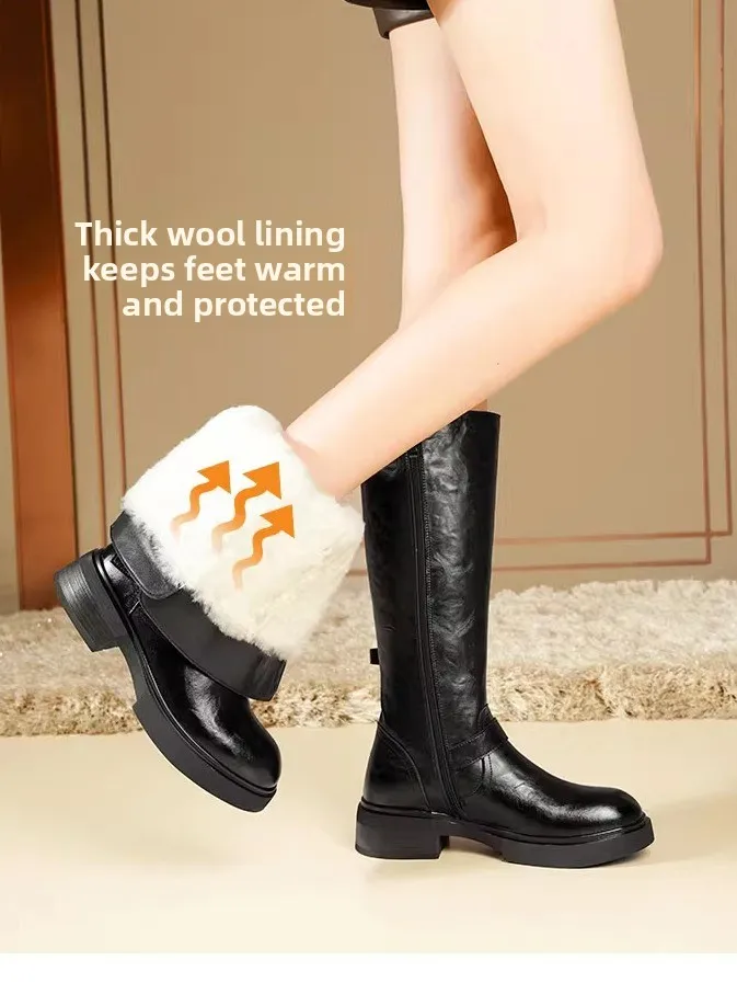 

Thiened Wool Cotton Boots High Tube Real Leather Fur Inteated Winter Boots Women's oes Knight Boots Pure Color Boots