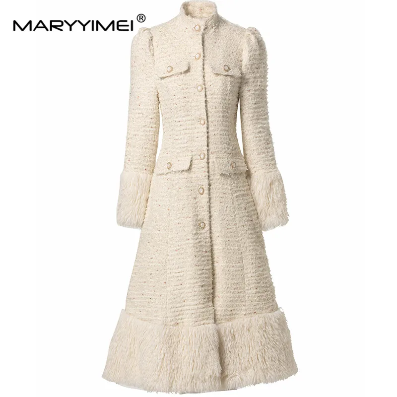 MARYYIMEI Women's Solid Color Coat Stand collar Long sleeved Single Breasted Autumn and Winter A-Line Overcoat