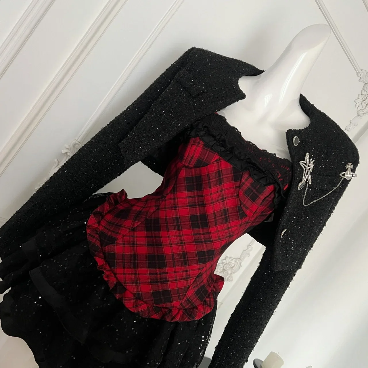 Winter Y2k Sexy Elegant 2 Piece Sets Woman Chic Short Coat + Plaid Fluffy Vintage Dress Female Korean Fashion Retro Suits 2025