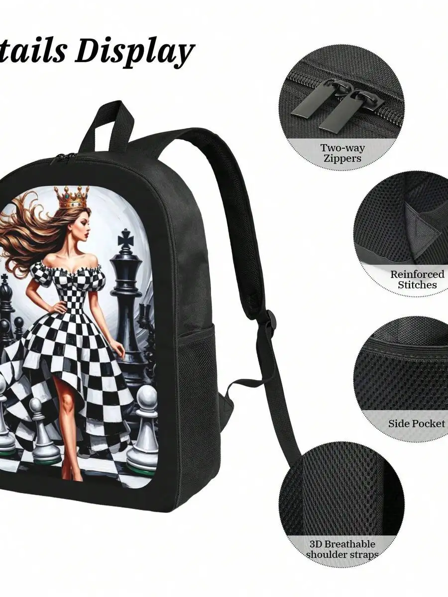 

Queen Chessboard Pattern Backpack With Crown Motif, Breathable Straps And Dual Zippers For Everyday Wear