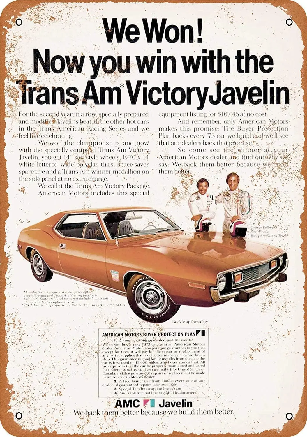 Unoopler Wall Decor Vintage Look Metal Sign 8 x 12 Tin Signs Wall Art - 1972 AMC Trans Am Victory Javelin