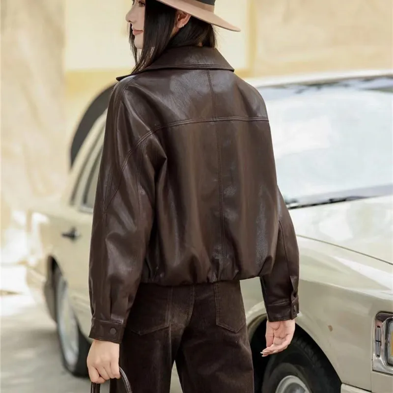 Coffee Color Black Faux PU Leather Jacket Autumn Women Casual Short Coat Lapel Long Sleeve Female Biker Jacket Chaqueta Mujer