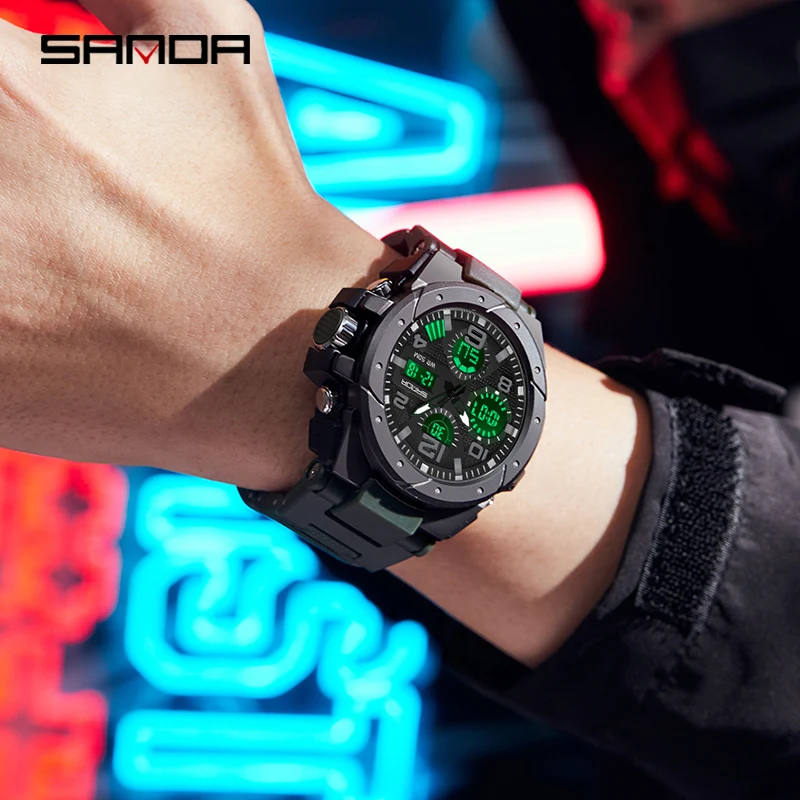 SANDA New Style Top Sale Model Men Watch Outdoor Sports 50M Waterproof Watch Alarm Fashion Analog Digital Electron Quartz Watch