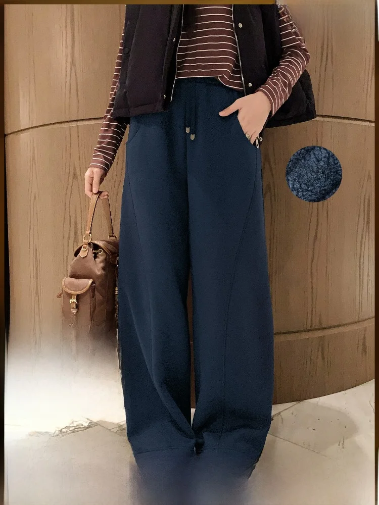 

MeiYang Blue Mountain Fleece Lined Casual Pants High Waist Straight Leg Polyester Fiber Self Heating Simple Style Ladies Pants