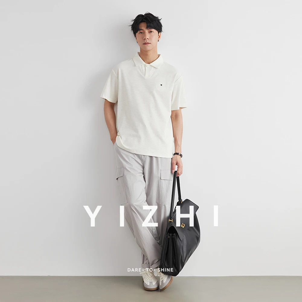 Men's Fashion Letter Embroidery M Logo Polo Shirt 2026 Summer Loose Simple 2-Button Casual Commute Short Sleeve Top