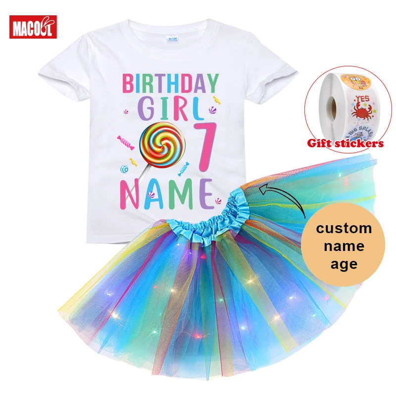 Lollipop Candy Birthday Party Outfits Girls Birthday Outfit Custom Name Dress 3PC Kids T-shirt+Girls\' Skirt+Children\'s Stickers