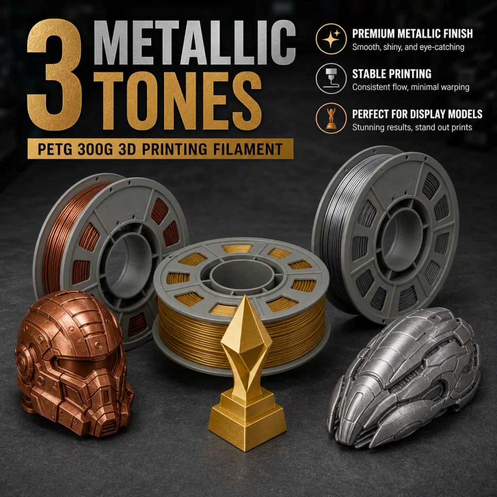 PETG 3D Printer Filament 3 Metallic Tones Set 1.75mm 300g Compact Spool Shiny Metal Luster 3D Printing Material for FDM Printers