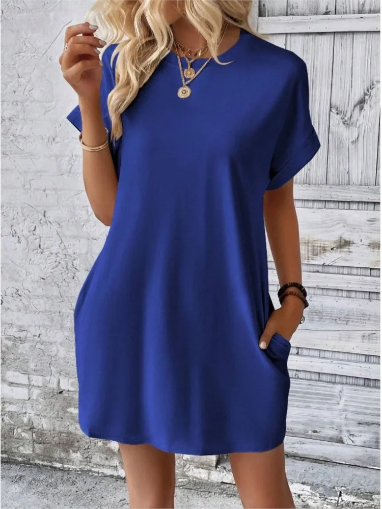 Fashion Boho Resort Style Beach Dresses For Women 2024 New Summer Solid Color O Neck Loose Short Sleeve Pocket Mini Dress Femme