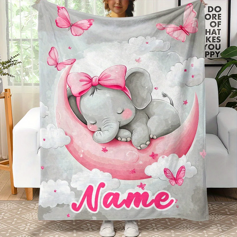 1pc Cute Elephant on the Moon Personalized Print Portable Blanket - Suitable for Sofa Bed, Travel Camping, Living Room, Office