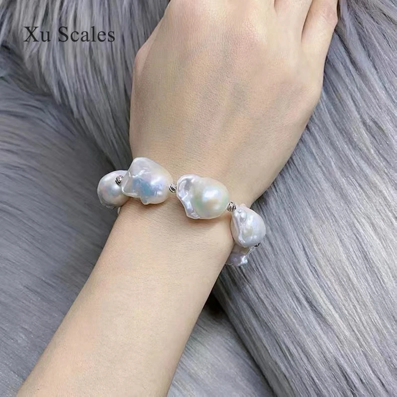 S925 Sterling Silver 100% Natural Freshwater White 15-25mm Super Baroque Pearl Bracelet Fashion Luxury Air Women\'s Jewelry Gift