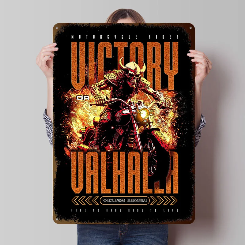 Wikinger Motorradfahrer Sieg Blechschild Poster Personalisierte Wandkunst Vintage Metallschilder Retro-Platten für Haus- und Raumdekoration