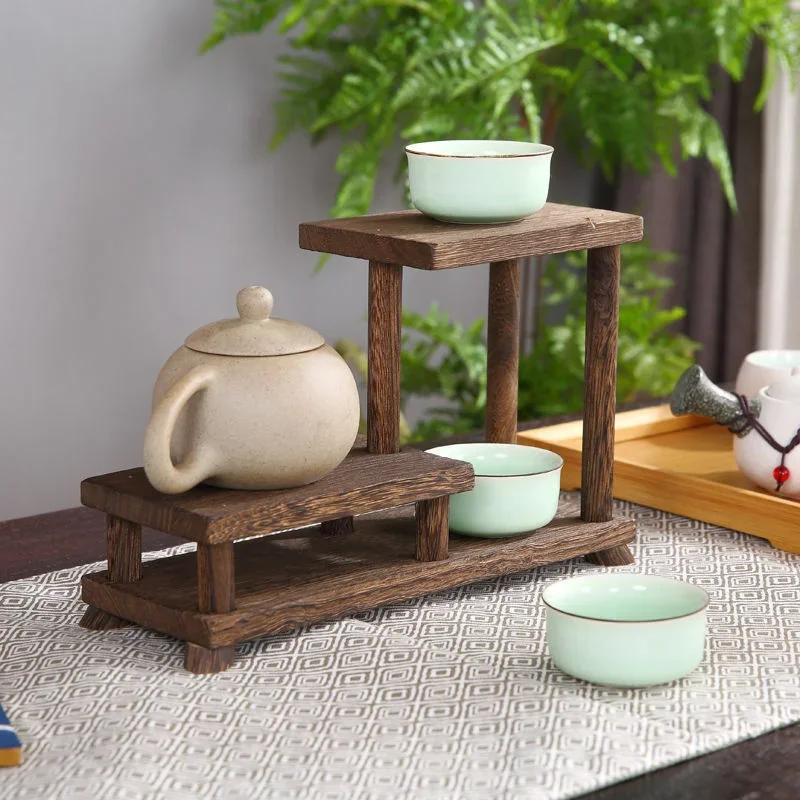 Chinese Tea Cup Organizer Solid Wood Shelf Mini Ceremony Tray Purple Sand Pot Desktop Stand