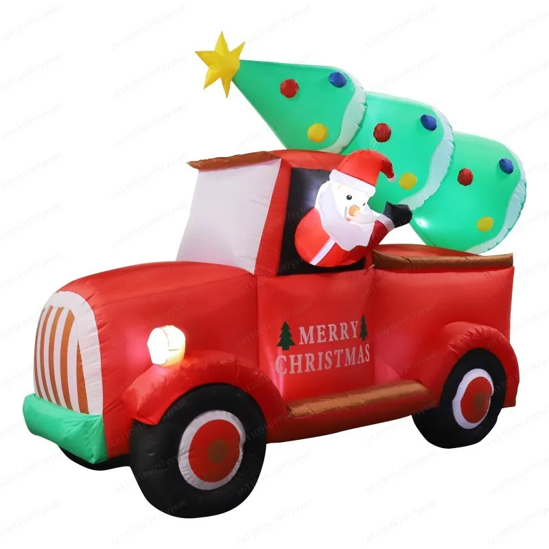 2.2M long factory inflatable car Christmas decoration, featuring Santa Claus driving red car LED lights