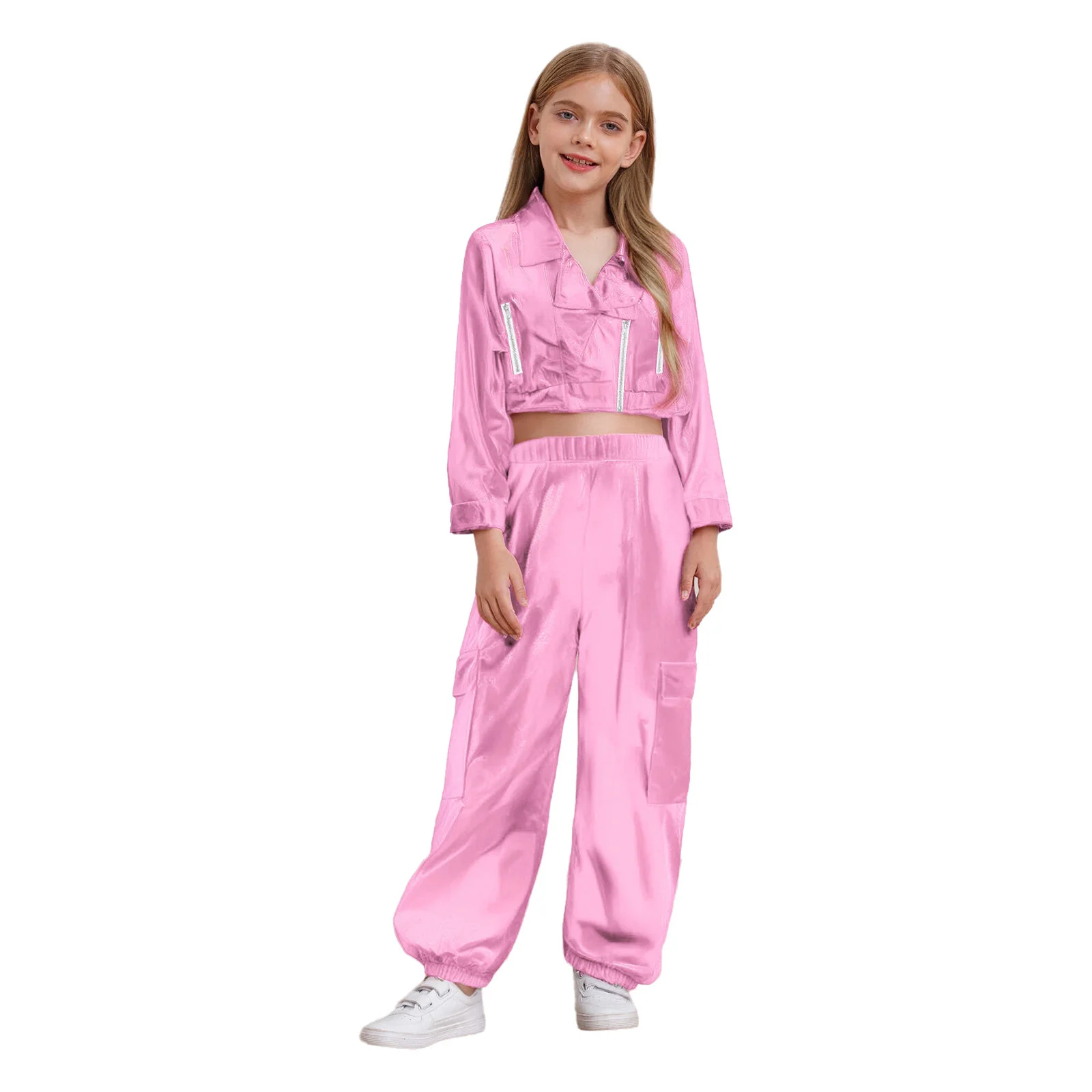 

Kids Boys Girls Hip-Hop Jazz Street Dance Costume Outfits Fashion Zipper Jacket Long Sleeve Metallic Outwear with Shiny Pants