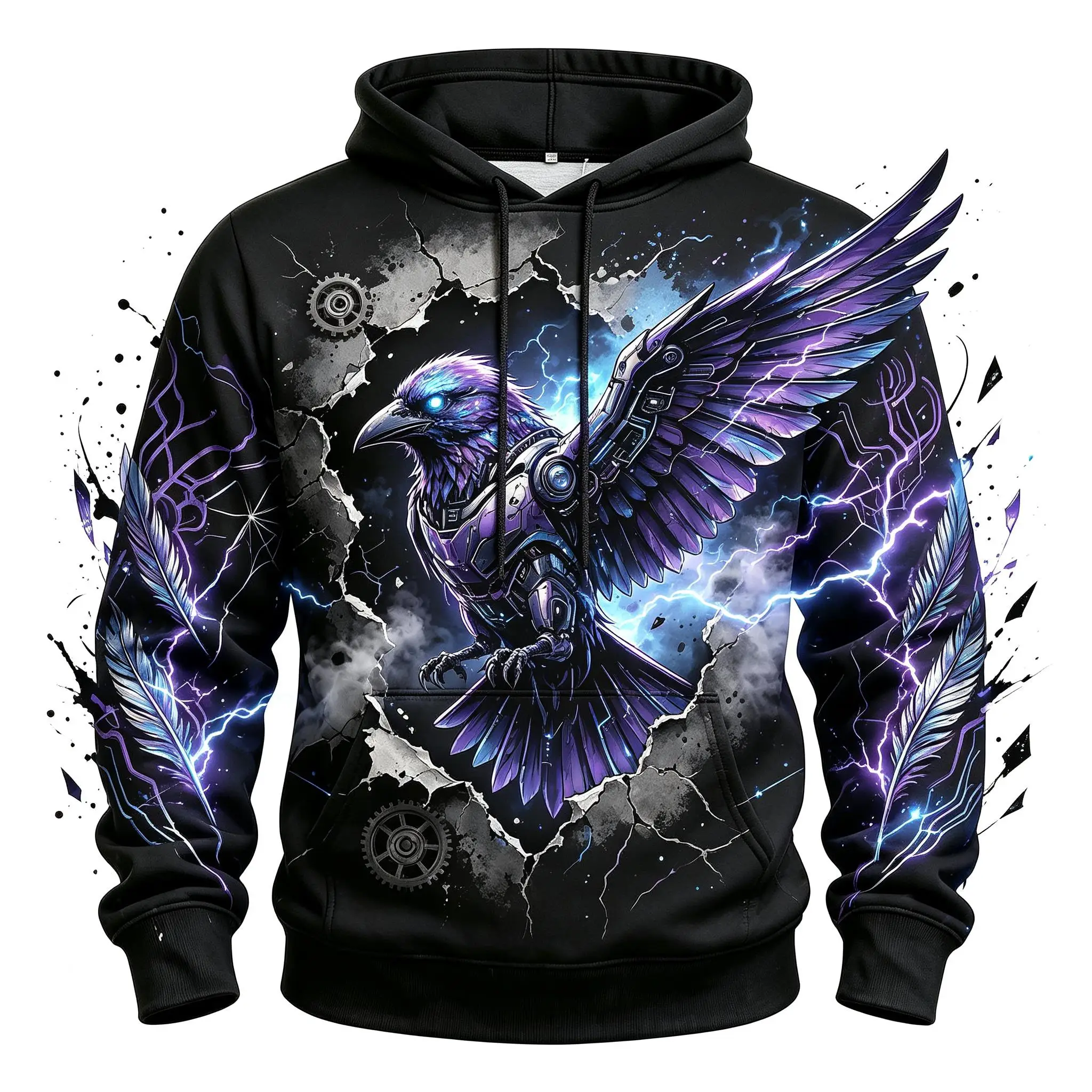 Men's Cyber Mechanical Raven Lightning Gear Full Print Hoodie Gothic Long Sleeve Pullover Sweatshirt For Cosplay Party