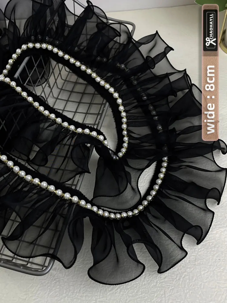 8CM Wide Organza Black Beaded Pleated Tulle Lace Trim for Fringe DIY Prom Even Dresses Ruffle Fabric Sewing Accessories Supplies