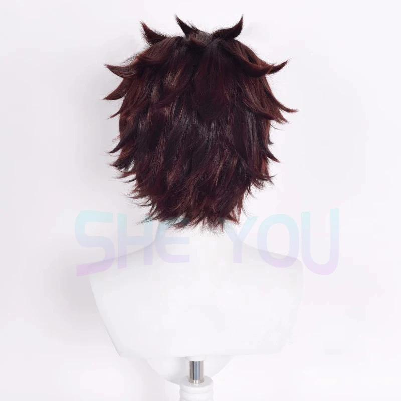 Kamado Tanjirou Cosplay Perruque, Cheveux Rouges et Bruns, Perruques Synthétiques, Bonnet, Degré de Chaleur