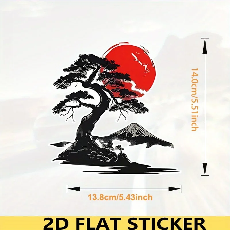 2D Bonsai & Mount Fuji Vinyl Sticker, Anime Inspired PVC Decal for Car Window Laptop Motorcycle Smooth Surface Decor